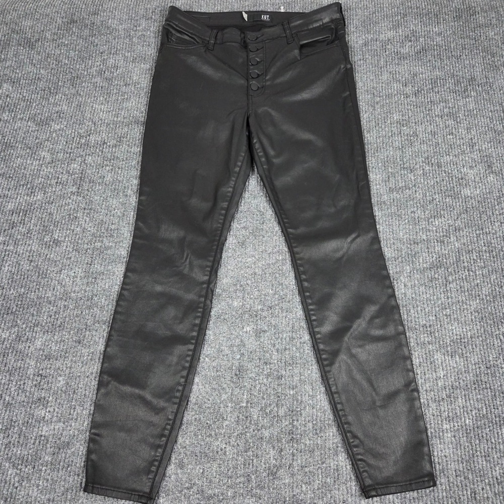Kut from the Kloth Mia High Rise Skinny Coated Black Button Fly Pants Womens 12